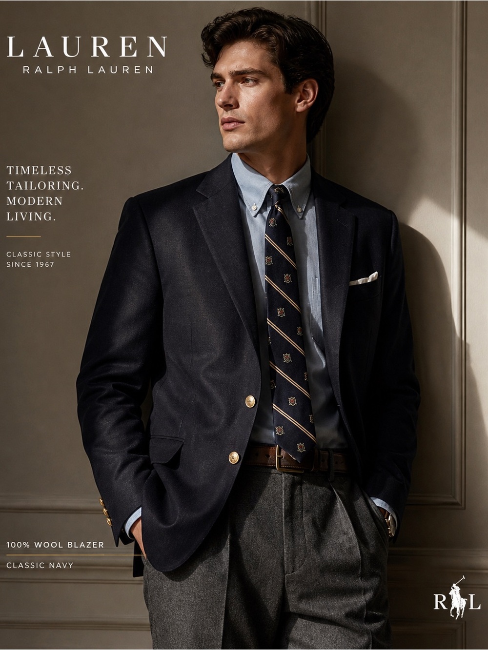 Ralph Lauren 100% Wool Navy Blue Two-Button Blazer with Gold Buttons